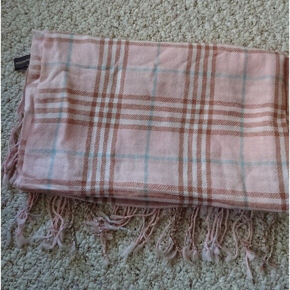 Plaid Pink Tan Fringe Scarf 100% Pashmina - Picture 2 of 11